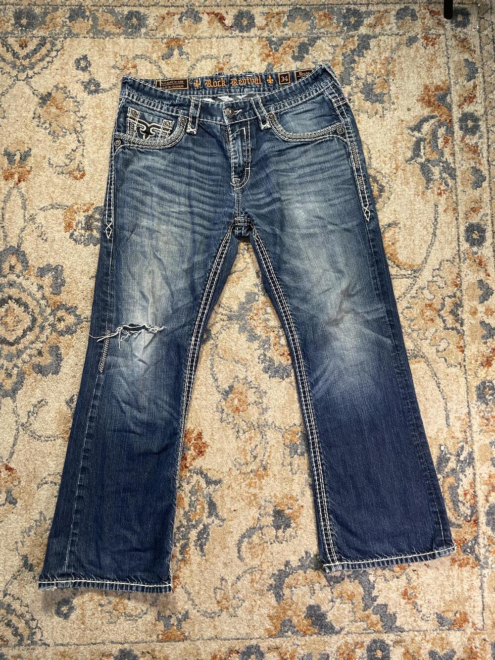 Rock Revival Bruno Boot Jeans Mens 34x30 Blue Med Wash Bootcut Distressed